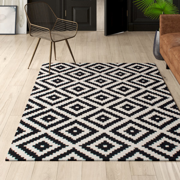 Mercury Row Obadiah Geometric Handmade Tufted Wool Black Area Rug